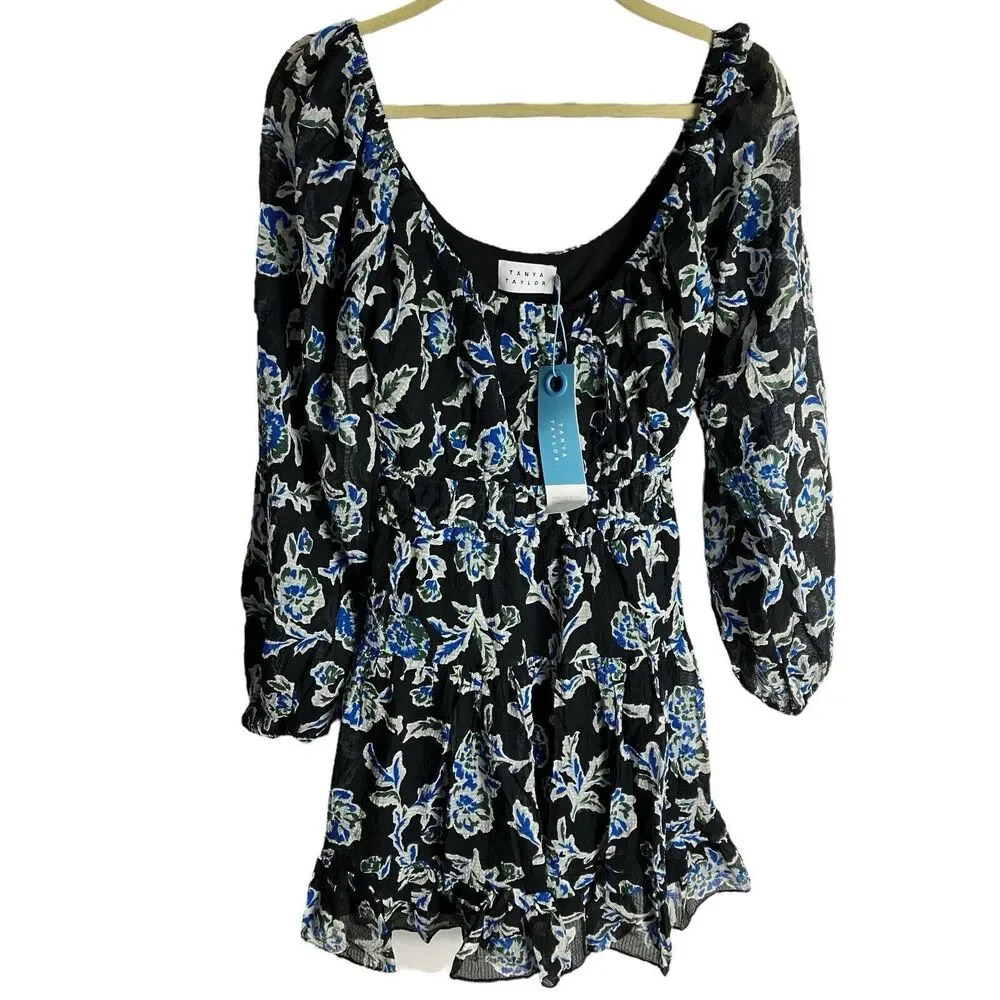 Tanya Taylor Dress WMNS M Black Floral‎ Edita Silk Blend Fit Flare Mini